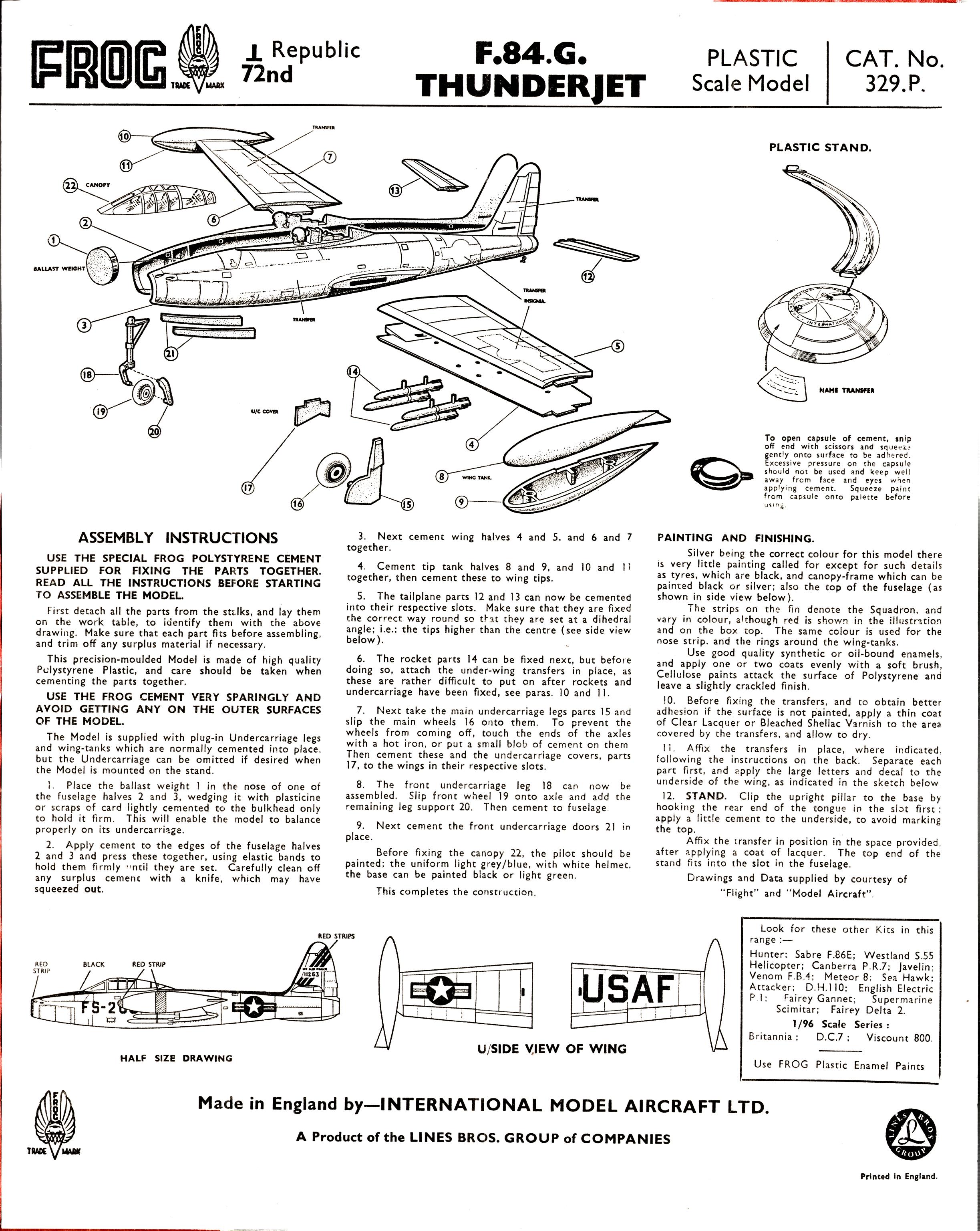 FROG 329P IMA Ltd, Republic Thunderjet, 1958, instructions